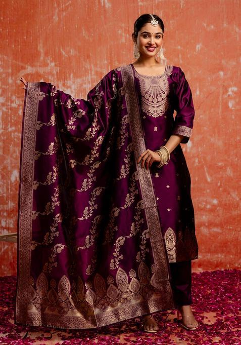 Purple Embroidered Cotton Pakistani Suit Set