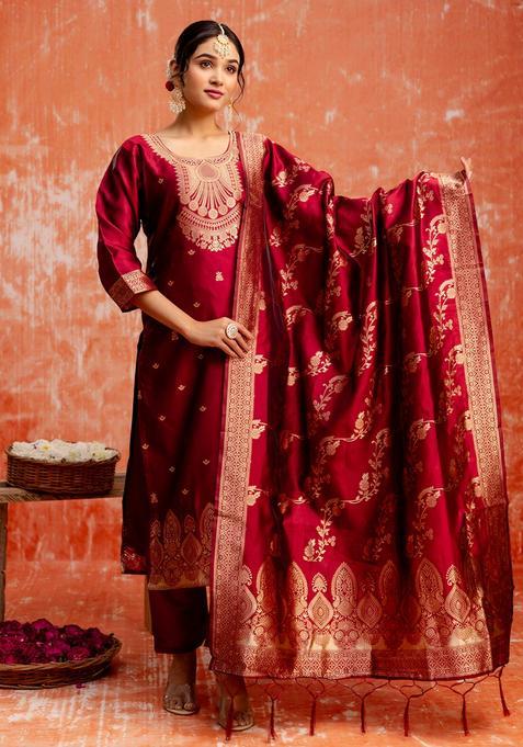 Maroon Embroidered Cotton Straight Kurta Set
