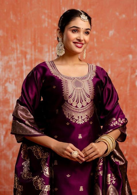 Purple Embroidered Viscose Straight Kurta Set