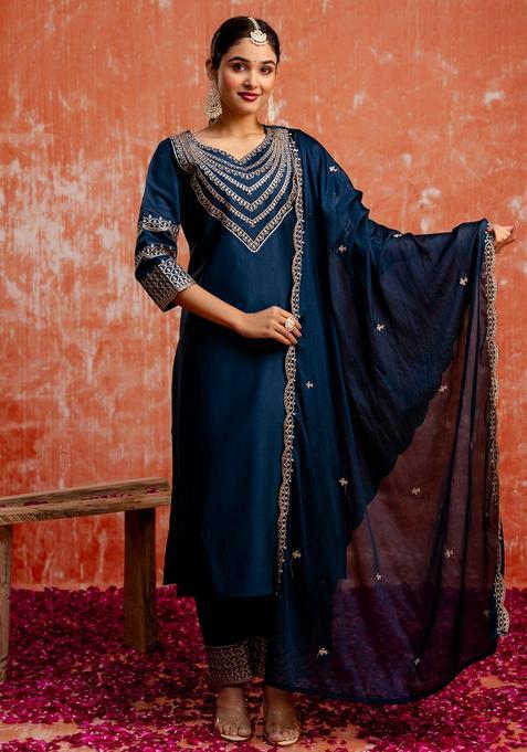 Teal Embroidered Viscose Straight Kurta Set