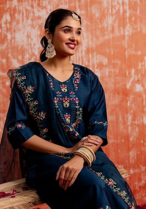 Teal Embroidered Viscose Straight Kurta Set