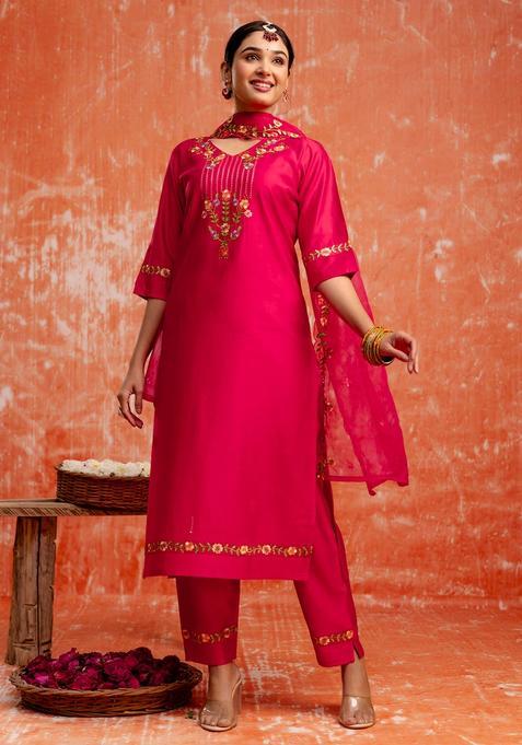 Pink Embroidered Viscose Straight Kurta Set