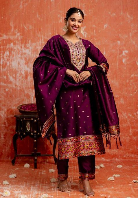 Purple Embroidered Cotton Pakistani Suit Set