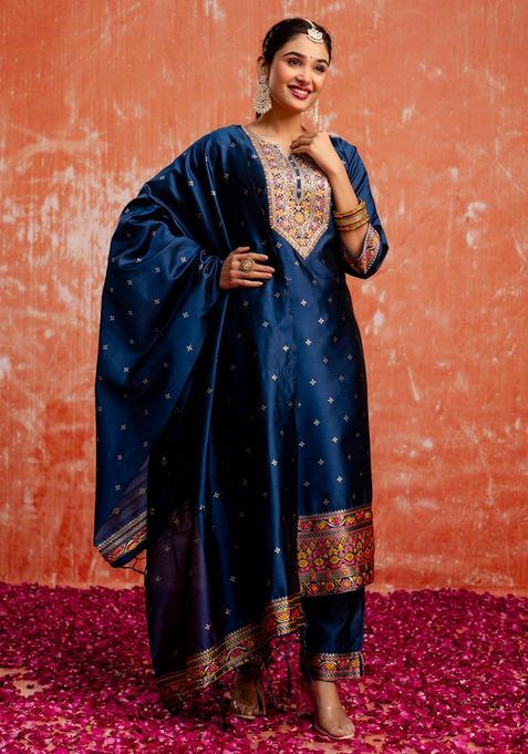 Teal Embroidered Cotton Straight Kurta Set