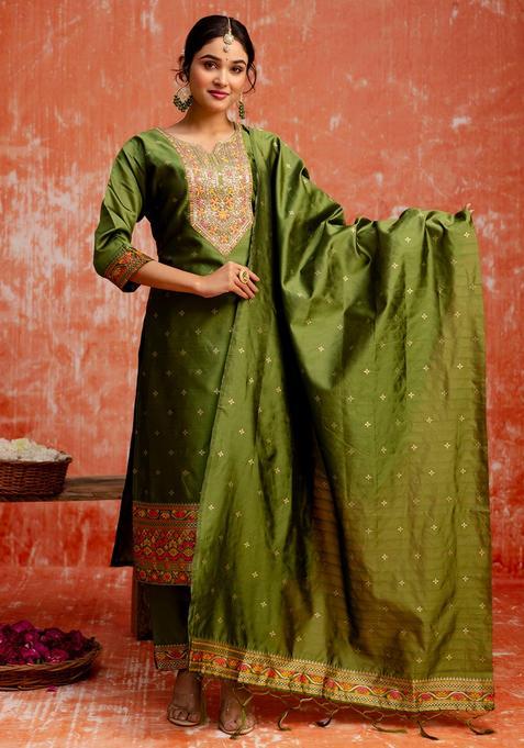 Mehendi Embroidered Cotton Straight Kurta Set