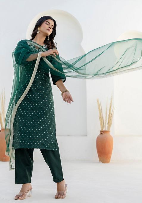 Green Embroidered Silk Straight Kurta Set