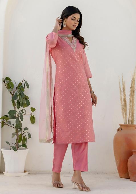 Pink Embroidered Silk Straight Kurta Set