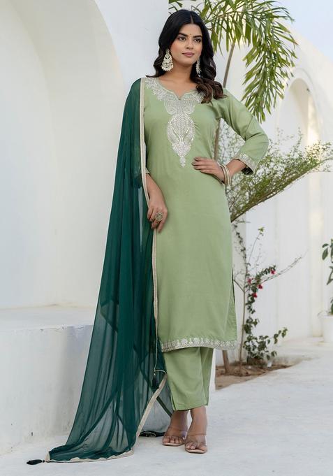 Pista Embroidered Silk Straight Kurta Set