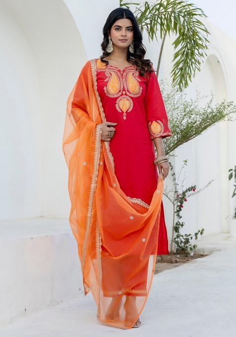 Pink Embroidered Viscose Straight Kurta Set