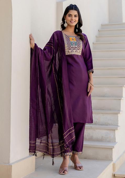 Purple Embroidered Cotton Straight Kurta Set