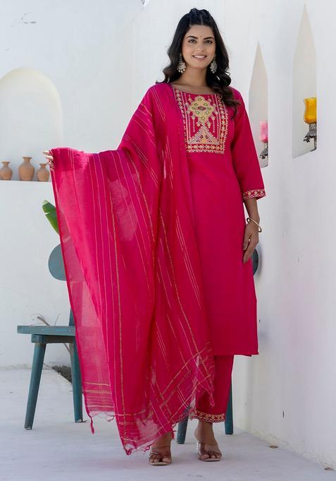 Pink Embroidered Cotton Straight Kurta Set