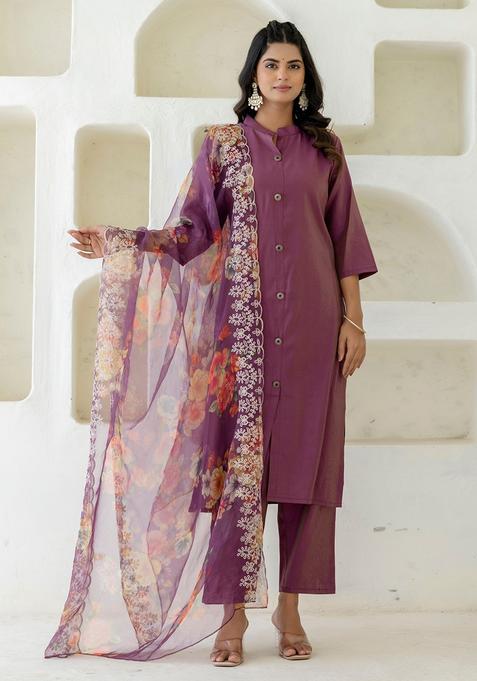 Purple Embroidered Silk Straight Kurta Set