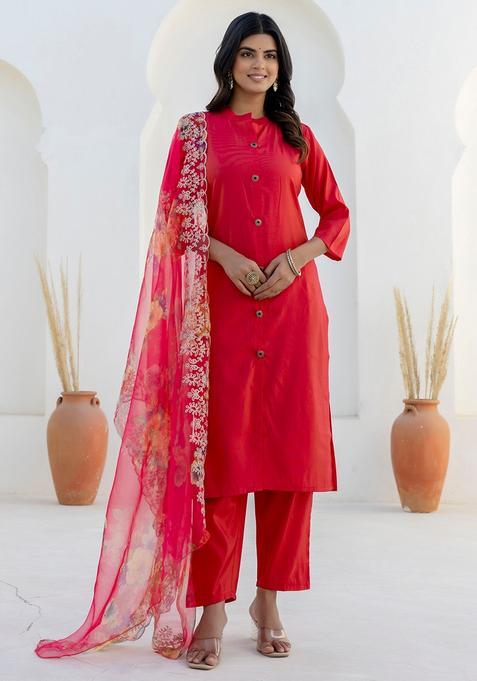 Rani Pink Solid Silk Straight Kurta Set