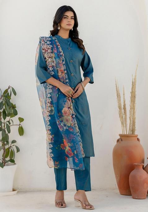 Teal Solid Silk Straight Kurta Set