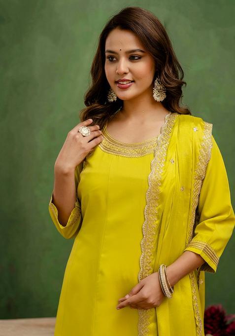Lemon Embroidered Viscose Straight Kurta Set