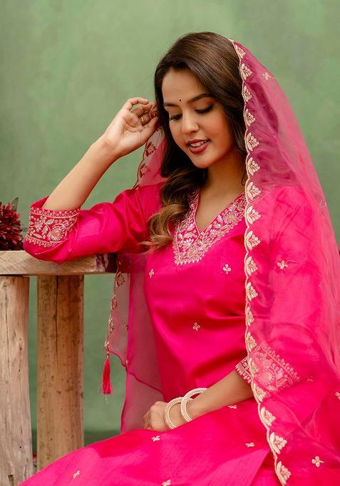 Pink Embroidered Silk Straight Kurta Set