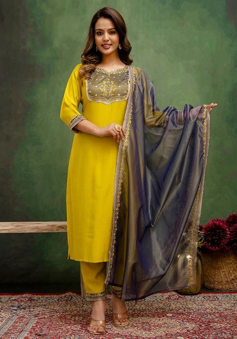 Lemon Embroidered Silk Straight Kurta Set