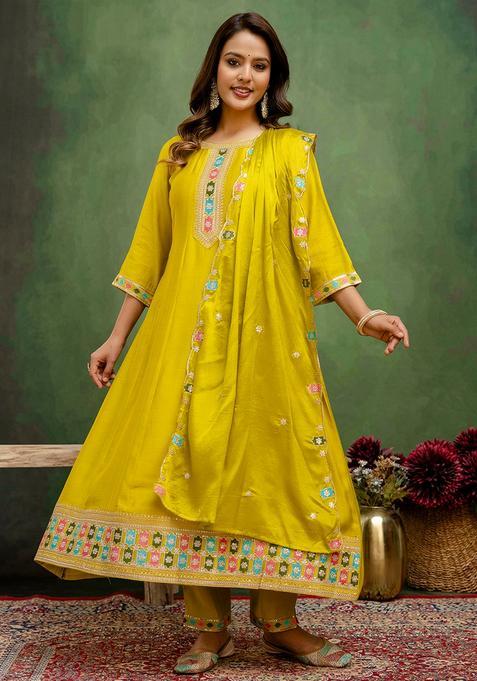 Lemon Embroidered Silk A Line Kurta Set