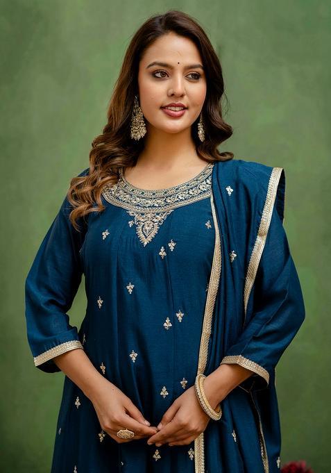 Teal Embroidered Silk Anarkali Set