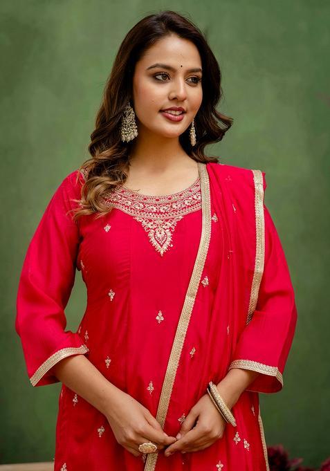 Rani Pink Embroidered Silk Straight Kurta Set