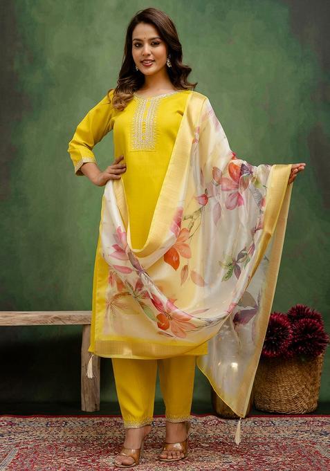 Lemon Embroidered Cotton Straight Kurta Set