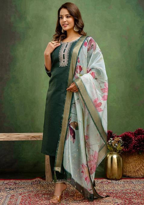 Green Embroidered Cotton Straight Kurta Set