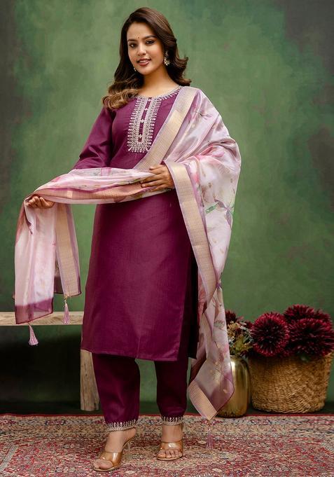Purple Embroidered Cotton Straight Kurta Set