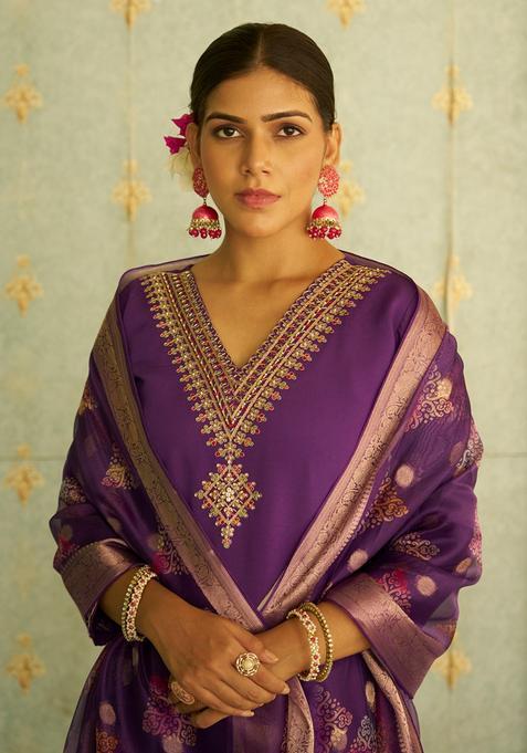 Purple Embroidered Silk Straight Kurta Set