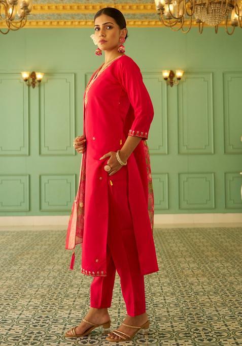 Pink Embroidered Silk Straight Kurta Set