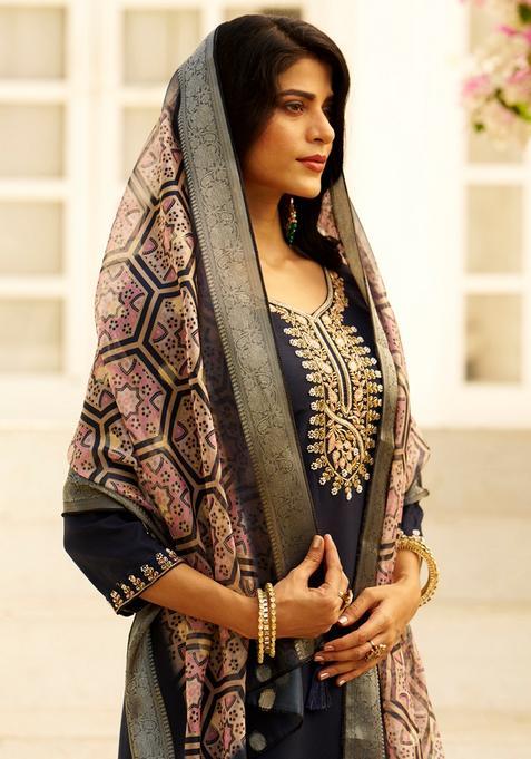 Blue Embroidered Silk Straight Kurta Set