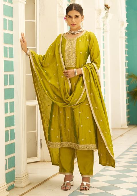 Lemon Embroidered Silk Straight Kurta Set