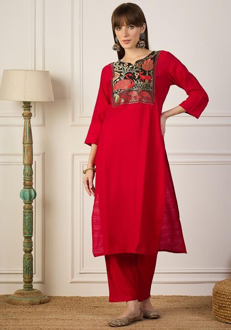 Red Embroidered Cotton Straight Kurta Set