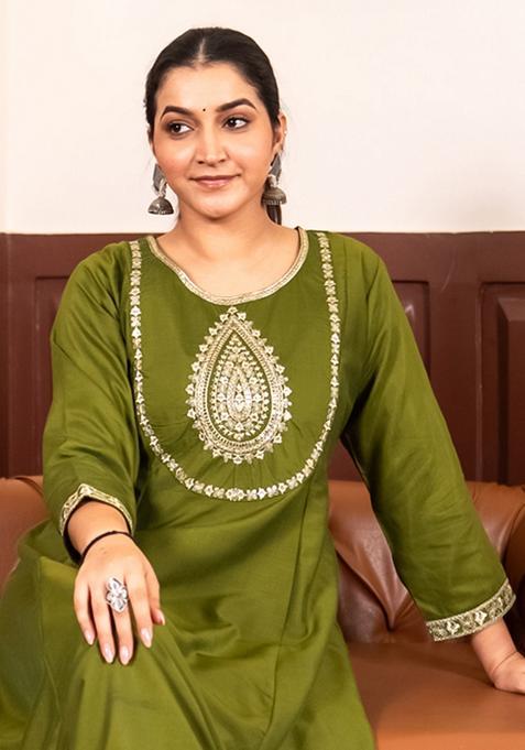 Mehendi Embroidered Silk Straight Kurta Set