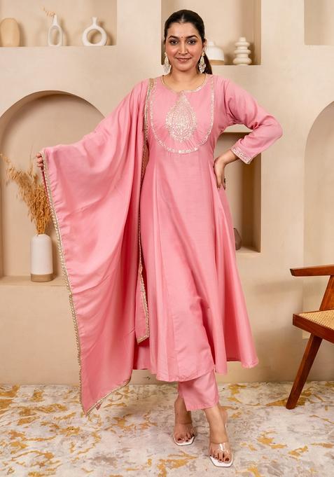 Pink Embroidered Silk A Line Kurta Set