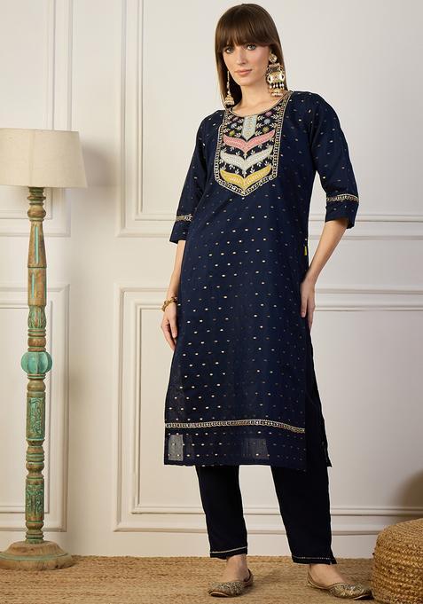 Blue Embroidered Silk Straight Kurta Set