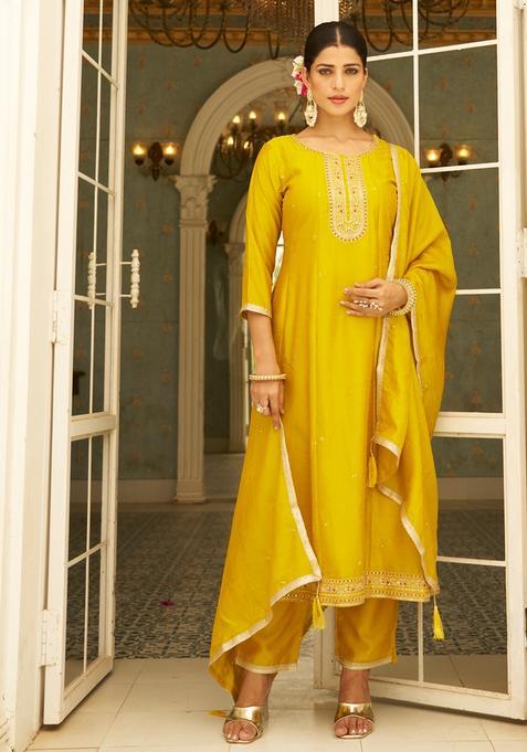 Yellow Embroidered Silk Straight Kurta Set