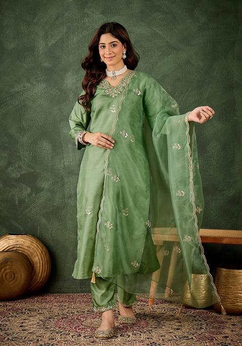 Pista Embroidered Silk Straight Kurta Set