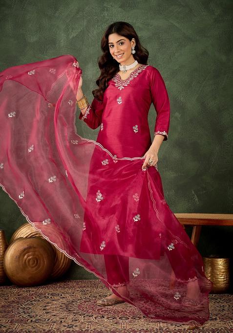 Cherry Red Embroidered Silk Sharara Set