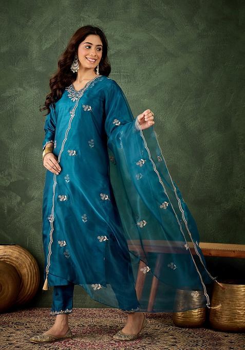 Teal Embroidered Silk Straight Kurta Set