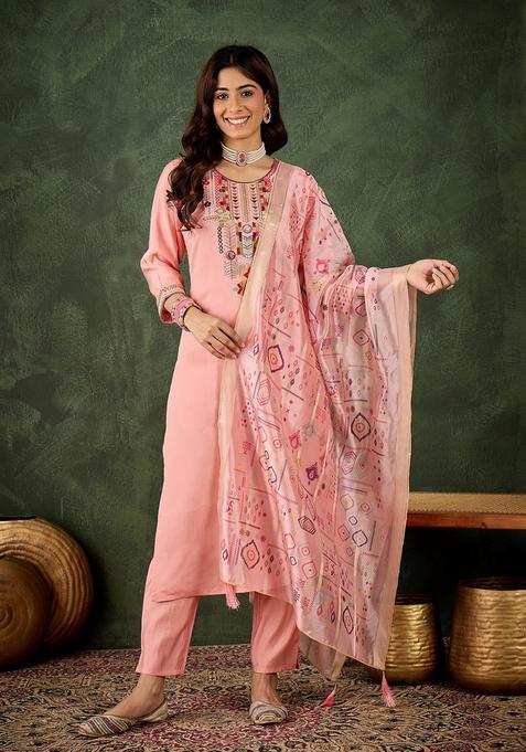 Pink Embroidered Silk Straight Kurta Set