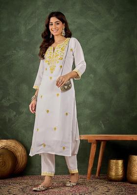Yellow Floral Print Silk Kurta Set
