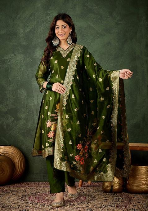 Mehendi Embroidered Silk Pakistani Suit Set