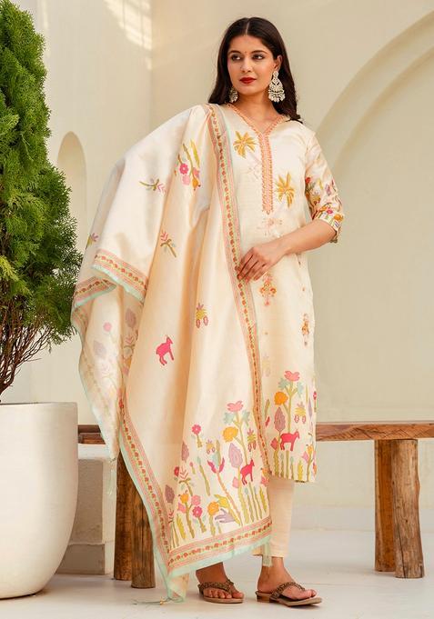 Cream Printed Silk Straight Kurta Set