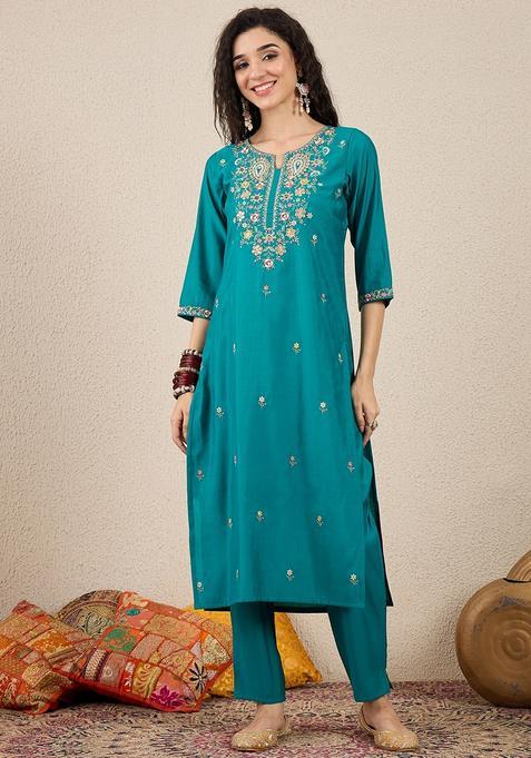 Rama Embroidered Silk Straight Kurta Set