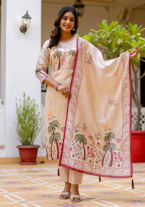 Cream Printed Silk Straight Kurta Set