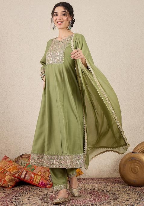 Pista Embroidered Silk Anarkali Set