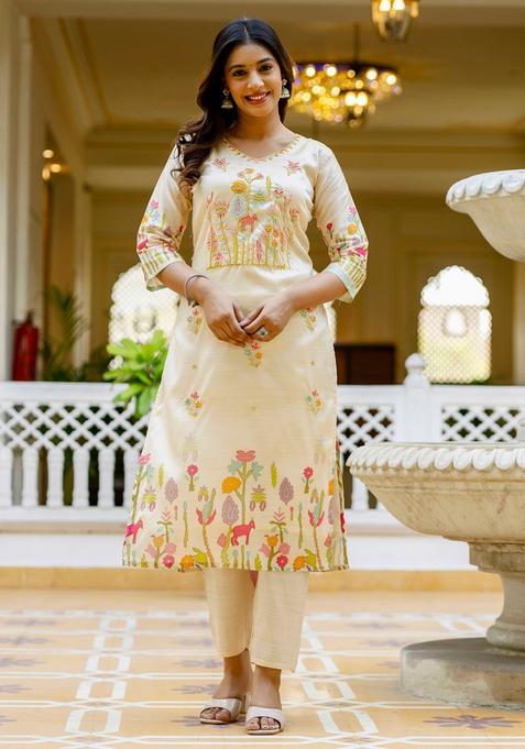 Cream Embroidered Silk Straight Kurta Set