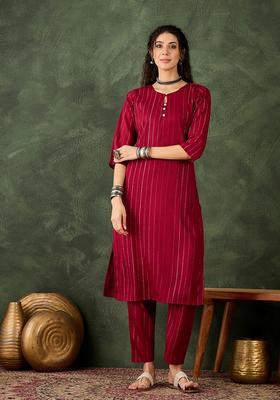 Maroon Floral Print Silk Kurta Set