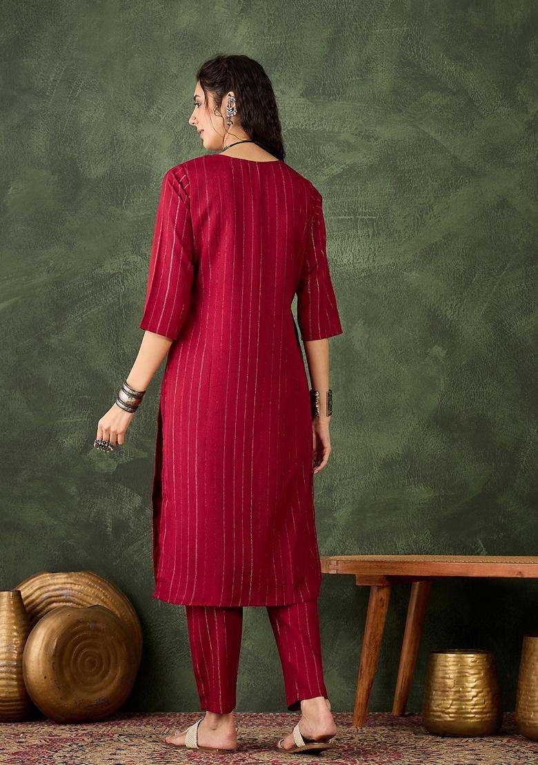 Maroon Striped Silk Straight Kurta Set - Indya