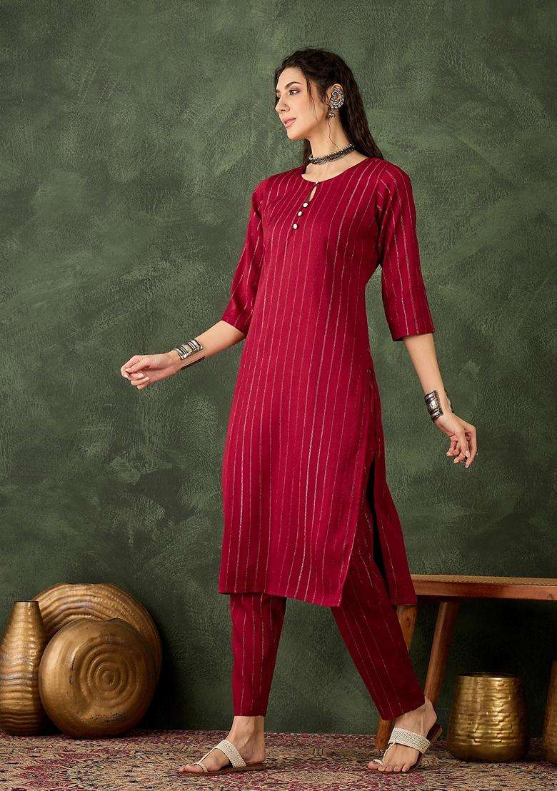 Maroon Striped Silk Straight Kurta Set - Indya